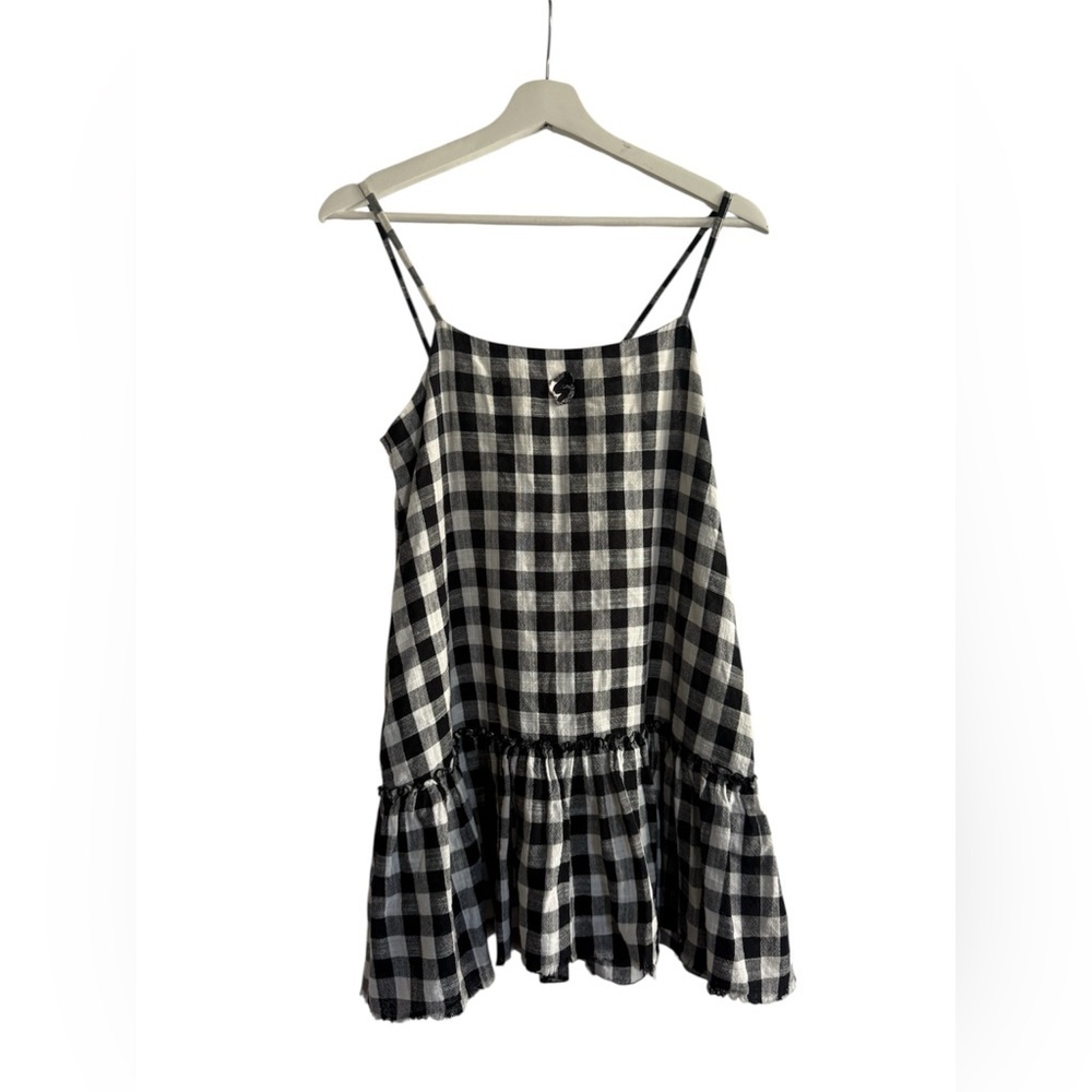 EKKDES Gingham Black and White Checkered Dress Y2K Cottagecore Ruffle Mini Sz S
